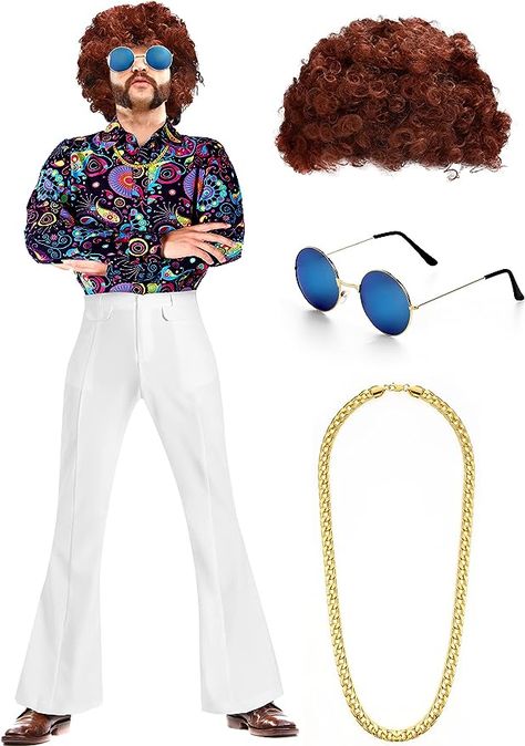 Set Including Men's Disco Shiny Shirt Pant Funky Afro Wig Necklace Sunglasses for 60/70/80/90s Party : Clothing, Shoes & Jewelry Retro Disco Outfit, Disco Outfit Men, 70s Disco Party Outfit, 70s Disco Outfit, 70s Birthday, Disco Party Outfit, Disco Outfits, 70s Fashion Men, Circular Sunglasses