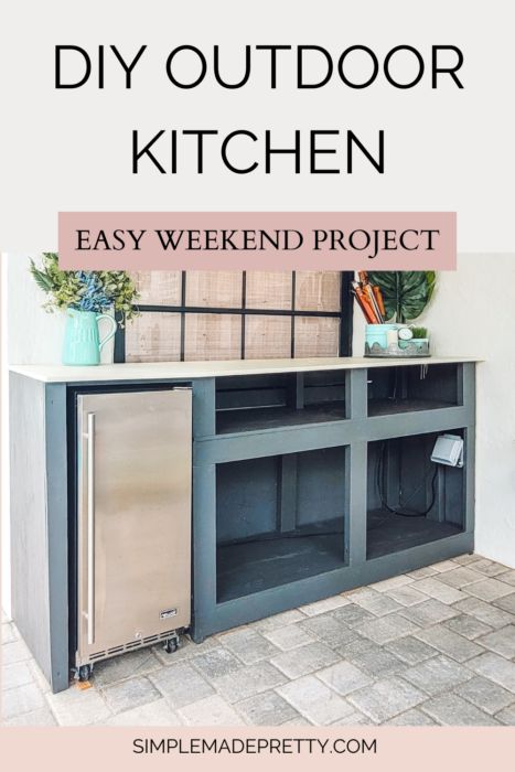 Diy Outdoor Kitchen Small Space, Diy Outdoor Kitchen Cabinets Ideas, Outdoor Kitchen Pantry Ideas, Outdoor Fridge Cabinet Diy Patio, Outdoor Bbq Cabinet Ideas, Patio Cabinet Ideas, Patio Bar Plans, Outdoor Oasis On A Budget Diy Ideas, Outdoor Kitchen With Sink And Fridge