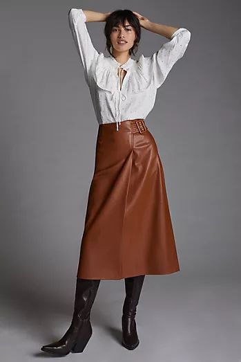 Skirts for Women | Anthropologie Leather Midi Skirt Outfit, Tan Leather Skirt, Anthropologie Fashion, Brown Leather Skirt, Faux Leather Midi Skirt, Midi Skirt Outfit, Leather Midi Skirt, Classy Dress Outfits, Satin Blouses