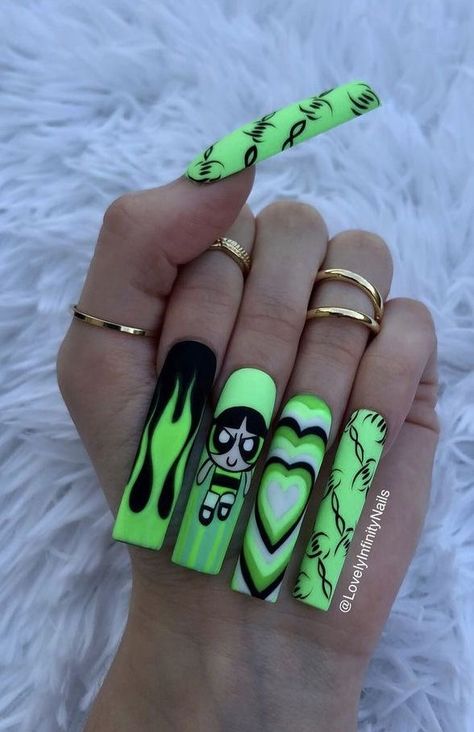 Cool Green Acrylic Nails, Neon Nails Acrylic Coffin Long, Nail Polish Astethic, Crazy Long Acrylic Nails, 1995 Nail Design, Neon Green Nails With Design, Character Themed Nails, Easy Cartoon Nails, Y2k Nail Art Designs