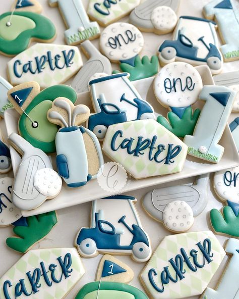 Hold On One Birthday, Golf Cookies First Birthday, Hole In One First Birthday Pictures, First Golf Birthday, 1st Birthday Golf Theme Cookies, Golf Theme One Year Old Party, Hole In One 1st Birthday Party, Golf First Birthday Party Food, Hole In One Themed Birthday