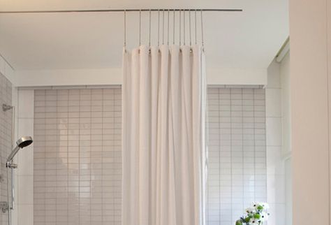 Ceiling mounted shower curtain track Ceiling Shower Curtain Track, Pull Down Shower Curtain, Shower Curtain Tracks Ceiling, Shower Curtain Rail Ideas, Ceiling Mount Shower Curtain Track, Shower Curtain Rails, Tub Shower Curtain Alternative, Two Wall Shower Curtain, Shower Rod From Ceiling