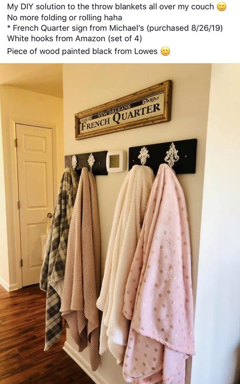 Too many throw blankets? Hang them! Hanging Throw Blankets On Wall, Hanging Blankets On Wall Hooks, Blanket Hanger On Wall, Blanket Rack On Wall, Blanket Hooks On Wall, Hanging Blankets On Wall, Diy Throw Blankets, Blanket Hanger, Blanket Holder