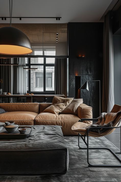 Men’s Apartment Interior Design, Masculine Penthouse Apartment, Masculine Room Design, Dark Masculine Interior Design, Masculine Living Room With Fireplace, Bachelor Pad Ideas Masculine Interior, Modern Male Home Decor, Moody Masculine Interior Design, Male Bachelor Pads Decorating Ideas