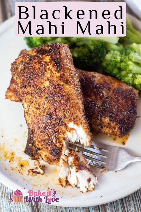 Blackened mahi mahi uses an incredible blend of spices and herbs to create a slightly spicy crust on this mildly sweet fish! This recipe is great for any day of the week as it takes minimal prep work. Plus, it is on the table in less than 15 minutes! BakeItWithLove.com #bakeitwithlove #blackened #mahimahi #fish #seafood #mahi #recipe #quick Blackened Mahi Mahi Recipes Baked, Bake Mahi Mahi Oven, Maui Maui Fish Recipes Baked, Marlin Fish Recipes, Maui Maui Fish Recipes, Mahi Mahi Recipes Baked, Gluten Free Fish Recipes, Mahi Recipes, Blackened Mahi Mahi