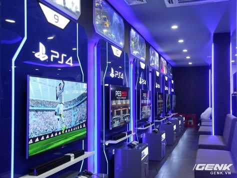 Playstation Cafe Interior Design, Gaming Lounge Room Ideas, Game Center Design Ideas, Playstation Room Design, Game Store Design, Game Room Design Ideas, Playstation Shop, Kids Hangout Room, Playstation Room