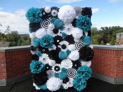 Teal, Striped, Black & White Pom & Paper Fan Backdrop Teal And Black Party, Black And Teal Party Decorations, Teal Black And White Party Decorations, Paper Fan Decorations Backdrops, Paper Fan Backdrop, Crepe Paper Backdrop, Fan Backdrop, Black And White Party Decorations, Sea Bubbles