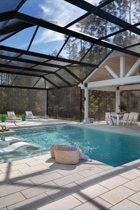 Screened In Yard, Backyard With Screened In Porch And Pool, Pool Lani Ideas, Florida Patio Ideas Screened Pool, Screened In Pool With Outdoor Kitchen, Screened Pool Enclosure, Screened In Pool Patio Decorating Ideas, Covered Pool Ideas, Screened In Pool Decorating Ideas