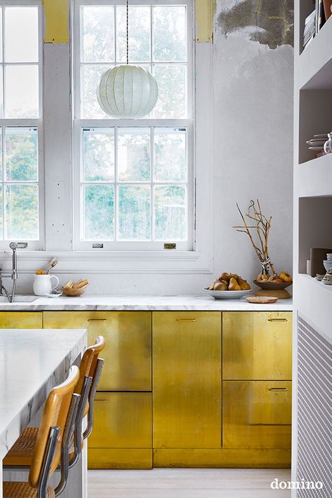 minimalist kitchen ideas // brass covered kitchen cabinets Farmhouse Style Kitchen Cabinets, Metal Kitchen Cabinets, Steel Kitchen Cabinets, Architecture Renovation, Contemporary Kitchen Cabinets, Dream Kitchens Design, Kitchen Cabinet Styles, All White Kitchen, Brass Kitchen