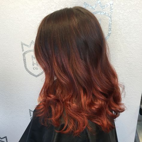 Copper Red Balayage Ombre by Wynter DePriest - Monarch Hair Co. Monarchhair.co Light Brunette Red Balayage, Balayage Red Hair Ombre, Brick Red Balayage, Dark Auburn Ombre Hair, Brown To Copper Ombre Hair, Balayage Brown To Red, Light Brown To Red Ombre Hair, Red Tip Hair Brown, Brown Hair With Red Ombre