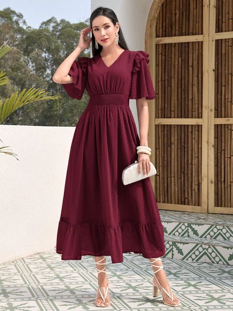 Maroon Dress Outfit, Dot Butterfly, Choir Dresses, Eco Friendly Dress, Ruffle Pattern, Dress Maroon, Maroon Dress, Dress For Spring, Butterfly Sleeve