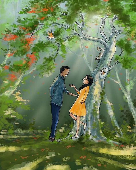 @vimalchandran posted on their Instagram profile: “Under the Gulmohar tree #commissionedart . . #commissioned #illustration #digitalillustration…” Gulmohar Tree, Vimal Chandran, Mission E, Couple Illustration, Tree Illustration, Couple Art, Web Series, Labyrinth, Morning Coffee