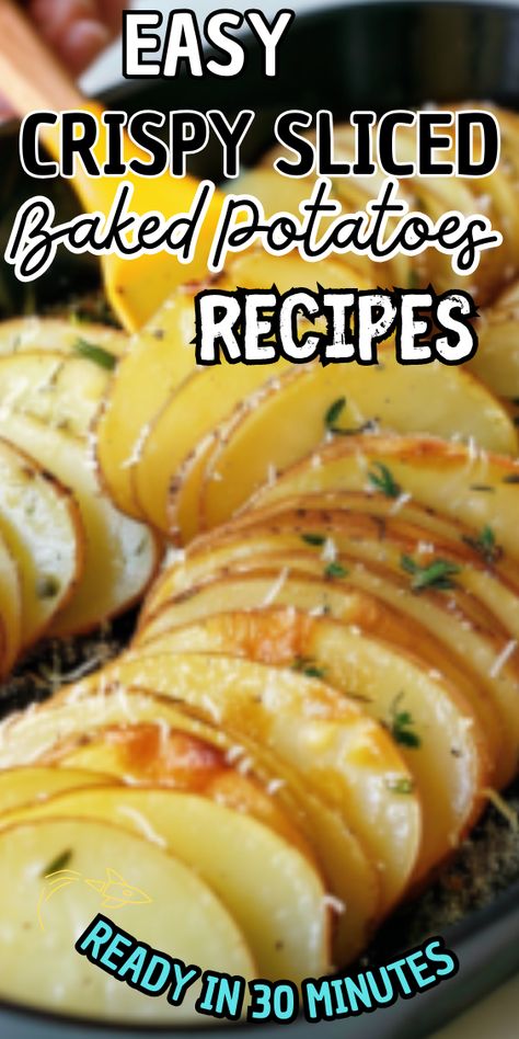 Easy Crispy Sliced Baked Potatoes Baked Potatoes Slices, Oven Potato Slices, Different Baked Potatoes, Baked Potato Dishes, Crispy Sliced Potatoes In The Oven, Potato Rounds Baked, Easy Baked Potatoes In The Oven, Potato Slices In Oven, Baked Sliced Potatoes In The Oven