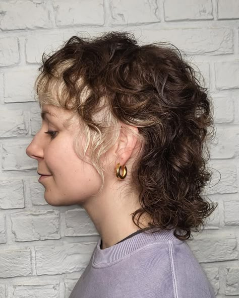 Short Mullet Shag with Underlayer Color Modern Curly Shag, Curly Shag, Curly Shag Haircut, Permed Hair, Mullet Haircut, Shag Haircuts, Curly Mullet, Curly Hair Photos, Short Curly Haircuts