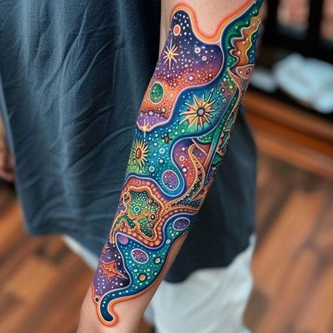 Bright Color Tattoos For Women, Cosmic Tattoos, Forearm Tattoos For Women, Tattoo Colors, Earth Grounding, Cosmic Tattoo, Colour Tattoo For Women, Pride Tattoo, Bright Tattoos