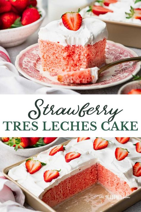 This easy strawberry tres leches cake starts with a box of strawberry cake mix, soaks in a creamy strawberry milk mixture, and includes whipped cream and fresh strawberries on top. A fun, flavorful twist on a classic Mexican dessert! Tres Leches Cake Recipe Strawberry, Strawberry Tres Leches Cake Recipe Easy, Strawberry Cake Tres Leches, Tres Leche Strawberry Cake, Strawberry Leches Cake, Strawberry Tres Leches Cake Easy, Box Strawberry Cake Recipes, Tres Leches Cake Ideas, Strawberry Tree Leches Cake