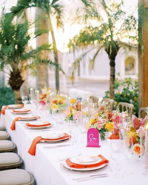 CLAIRE DURÁN-Wedding Planner on Instagram: "I don’t tend to spend much time at all scrolling through instagram but this morning I stumbled upon a post of a gorgeous and very colorful wedding in NY and immediately thought back to S+S’s rehearsal dinner. I’d take a colorful palette for our designs any day! Photo by @perryvaile Planning/Design by @claireduranweddingsandevents Rentals by @divano_rd Linens by @nuagedesignsinc Flowers by @mercaflor_rd Venue: La Casita in @casadecampodr’s Marina Luxury Summer Reception Sets, Wedding Table Settings Spring, Colorful Table Decor Wedding, Colorful Indian Wedding Decor, Fiesta Wedding Reception, Summer Wedding Place Settings, Wedding Table Settings Colorful, Bright Table Setting, Mexico Destination Wedding Decor