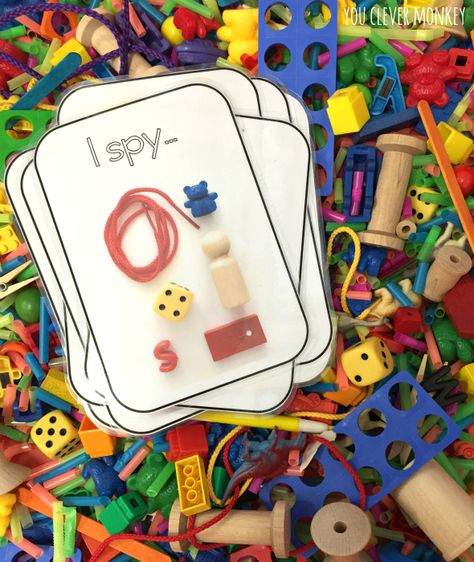 Make your own I Spy Sensory tub with these free printable cards | you clever monkey Sensory Tubs, Sensory Tub, Free Printable Cards, Sensory Boxes, Sensory Table, Kids Sensory, Sensory Bin, Fine Motor Activities, Preschool Fun