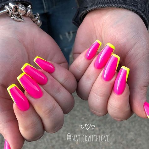 Neon Barbie Nails, Florescent Pink Nails Neon, Neon Pink Orange And Yellow Nails, Yellow And Orange Nails Summer, Pink And Yellow Nails Design, Neon Pink And Yellow Nails Art Designs, Neon Yellow And Purple Nails, Pink And Neon Yellow Nails, Neon Pink Nails Design