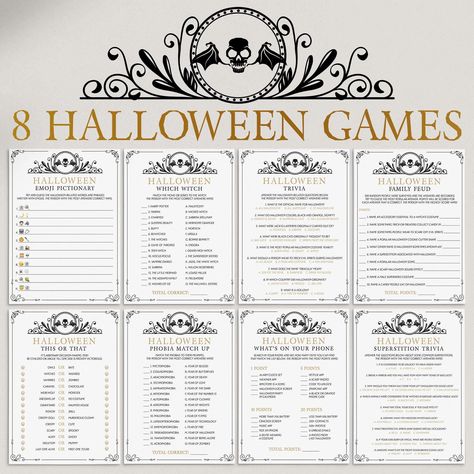 Are you hosting a classy black-and-gold Halloween party and looking for some (last-minute) entertainment? This popular Halloween Party Games Bundle with 8 printable games will definitely get your guests mingling and laughing. Everyone will love these ready-to-go Halloween games - simply download, print and play! The games are great for Halloween parties, family game nights and Halloween office parties.  This vintage theme Halloween Party games bundle with black skull and gold details  includes t College Halloween Party Games, Halloween Themed Party Games, Halloween Game Prizes, Witchy Games, Halloween Game Night For Adults, Diy Halloween Games For Adults, Halloween Games Adults Activities, Halloween Office Games, Witch Games