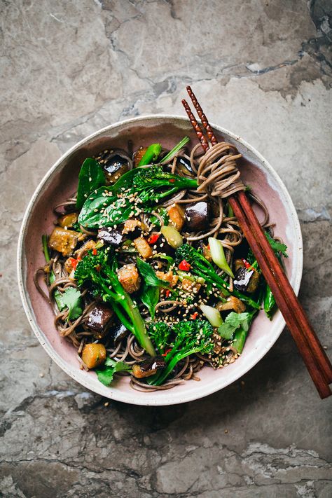 Soba Salad with Miso and Ginger Aubergine + Broccoli — Miso Aubergine, Soba Salad, Tofu Noodles, Tenderstem Broccoli, Buckwheat Noodles, Snack Platter, Quick Dishes, Soba Noodles, Kitchen Stories