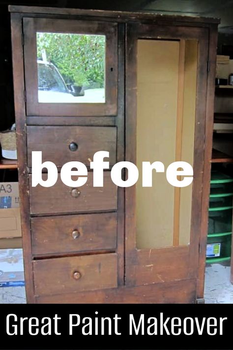 This wood wardrobe makeover included paint and decorative contact paper in place of the mirror. Repurposed Wardrobe Ideas, Wardrobe Renovation Diy, Wardrobe Refurbish, Armoire Paint Ideas, Upcycle Wardrobe Ideas, Antique Chifferobe Makeover, Chiffarobe Repurposed, Waterfall Wardrobe Makeover, Vintage Armoire Makeover