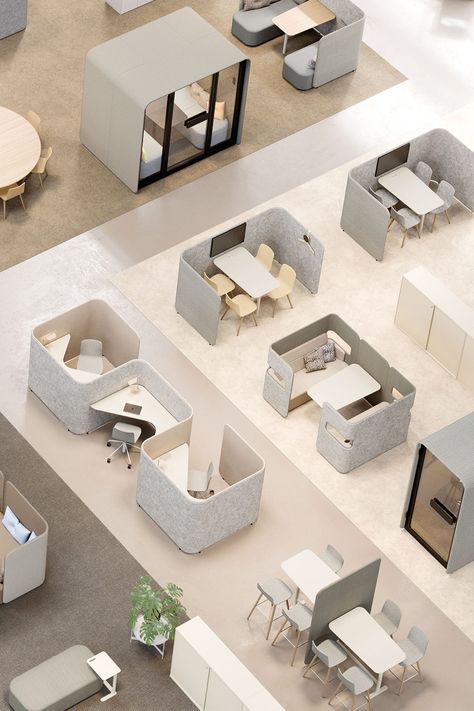 Work environment furnished with Pod products Individual Office Design, Work Pods Design, Innovative Workplace Design, Office Pod Design, Common Space Office, Interior Designer Workspace, Staff Room Ideas Offices, Corporate Office Design Ideas, Co Working Space Interior