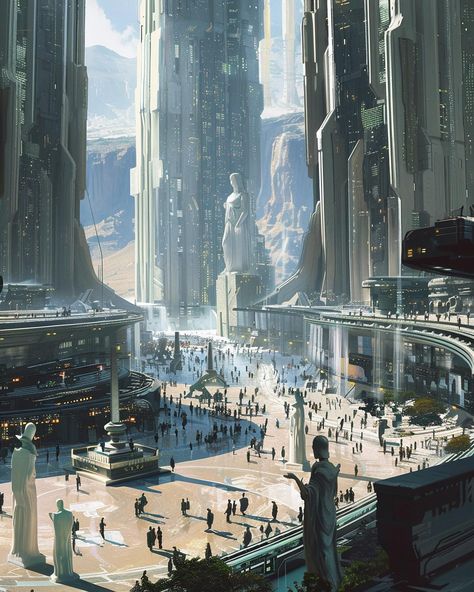 The promenade. A futuristic shopping district with elements from Ancient Greece . #futuristicarchitecture #futurecity #futurecities #futureworld #future #scifiarchitecture #scifiartwork #spacecity #spacearchitecture #scififantasy #scifiworld #scificity #scifi #architecture #urbandesign #midjourney #ai Scifi Architecture, Futuristic Concept Art, Apocalypse Landscape, Scifi Artwork, Future Earth, Location Design, Sci Fi Architecture, Ancient Drawings, Shopping District