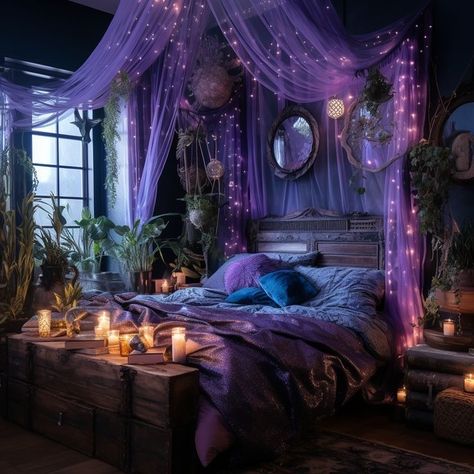 Dark Witch Bedroom, Dark Witch Aesthetic Bedroom, Witches Bedroom, Bedroom Back Wall Design, Bedroom Back Wall, Back Wall Design, Whimsigoth Bedroom, Small Coastal Living Room, Witchy Room Aesthetic