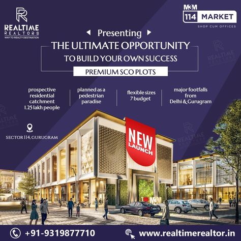 M3M 114 Market presents the ultimate opportunity to build your own success with the newly launched premium SCO plots at sector 114, Gurgaon. #M3M114market #shopcumoffices #ultimateopportunity #ownsuccess #opportunity #premiumplots #SCOplots #prospective #realtimerealtor #paradise #footfalls #flexiblesizes #ultimateluxury For more information Contact: +91-9319877710 Visit: www.realtimerealtor.in Commercial Real Estate Social Media Posts Ideas, Real Estate Marketing Social Media Post Ideas, Commercial Property Ads Creative, Commercial Real Estate Creative Ads, Property Ads, Real Estate Marketing Plan, Cafe Logo Design, Property Ad, Real Estate Advertising