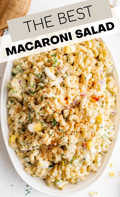 This classic Macaroni Salad Recipe is creamy, delicious, and super easy to make. Made with classic ingredients, including cooked elbow macaroni, hard-boiled eggs, crunchy celery, onions, and pickles, and dressed in a light and creamy mayo-based dressing, this fantastic pasta salad is the perfect summertime side dish for bbq's, picnics, and potlucks! Macaroni Dill Salad, Angel Hair Side Dish, Red White And Blue Pasta Salad, Jamaican Macaroni Salad, Mayo Based Pasta Salad, Cold Pasta Salad Recipes With Mayo, Hellmans Macaroni Salad Recipe, Macronie Salad Recipe Easy, Cold Macaroni Salad Recipe