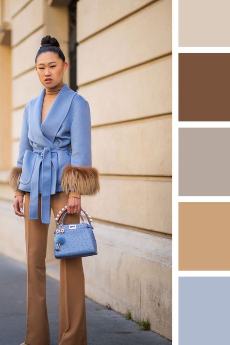 Clothes Colour Combinations, Tan Clothes, Color Matching Clothes, Taupe Outfit, Contrast Outfit, Colors Clothes, Tan Outfit, Clothes Wardrobe, Blue Color Combinations