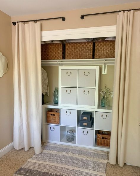 Pro Organizing Tips to Create a Home You Love - The Design Twins Cube Storage Inside Closet, Multi Use Closet Organization, Diy Closet Cube Storage, Mobile Home Closet Ideas, Temporary Closet Ideas, Make Shift Closet, Closet Substitute, Add Shelves To Closet, Closet With No Doors Ideas