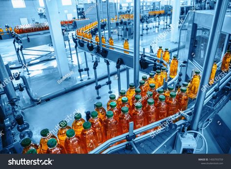 Conveyor belt, juice in bottles on beverage plant or factory interior in blue color, industrial production line, ton #Ad , #AFFILIATE, #beverage#plant#factory#bottles Manufacturing Factory Design, Plant App, Factory Interior, Food Manufacturing, Food And Beverage Industry, Manufacturing Factory, Conveyor Belt, Manufacturing Plant, Dairy Farms