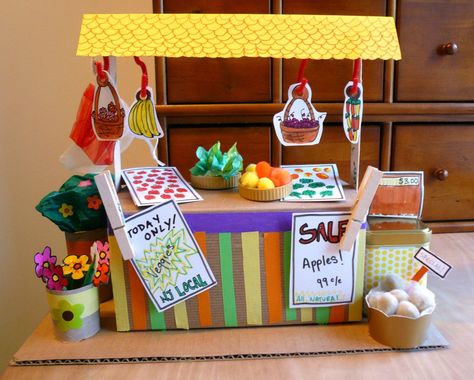 Fruit Stall Ideas, Vegetable Stand Diy, Fruit Stand Dramatic Play Preschool, Fruit And Veg Role Play Eyfs, Vegetable Market, 3d Fruits And Vegetables Craft, Diy Fruits And Vegetables Craft, Fruit Stall, Produce Boxes Farmers' Market