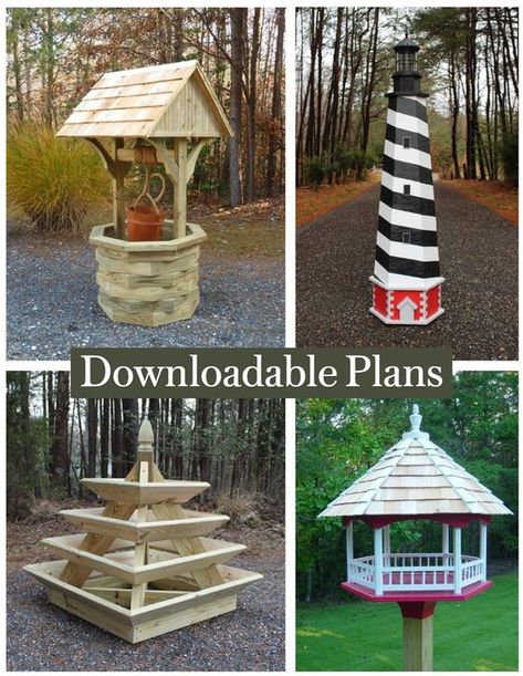 Over 40 different projects! Detailed instruction guides read like a book and include photos at every step! DIY project plans for wishing wells, lighthouses, planters, and more ideas. Wishing Well Garden, Diy Wishing Wells, Wishing Well Plans, Lighthouse Woodworking Plans, Diy Lighthouse, Diy Photo Projects, Downloadable Woodworking Plans, Wishing Wells, Outdoor Wood Projects