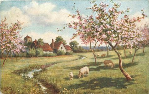 French Easter, Sheep Grazing, Easter Postcards, Aesthetic Painting, Romantic Art, Painting Wallpaper, Art Inspiration Painting, Ethereal Art, Dreamy Art