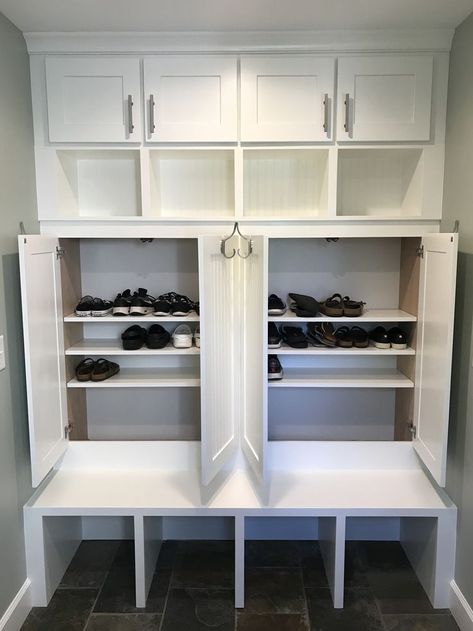 Mudroom Closet Ideas Built Ins, Laundry And Shoe Storage, Mud Bench Shoe Storage, Enterance Idea Storage, Farmhouse Mudroom Shoe Storage, Mudroom Ideas With Shoe Storage, Mud Room Bench With Shoe Storage, Shoe Mudroom Storage, Shoe Storage Ideas Mud Room