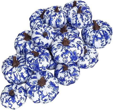 CHINOISERIE PUMPKINS! Need I say more!? Obsessed is an understatment! Chinoiserie Patterns, Chinoiserie Pumpkins, Fake Pumpkins, Chinoiserie Motifs, Artificial Pumpkins, Foam Pumpkins, Halloween Table Decorations, Blue And White Fabric, Faux Pumpkins