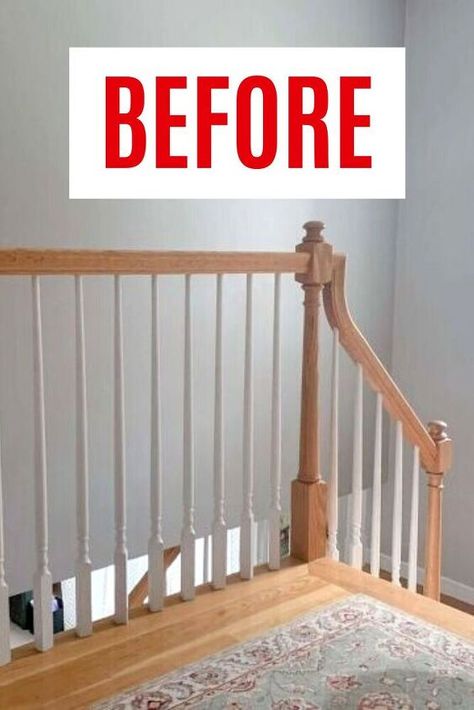 Updating 90s Staircase, Paint Oak Staircase, Remodel Staircase Railings, Split Level Banister, Painting Oak Stair Railing, 90s Staircase Makeover, Oak Staircase Ideas, Split Level Railing Ideas, 1960s Staircase