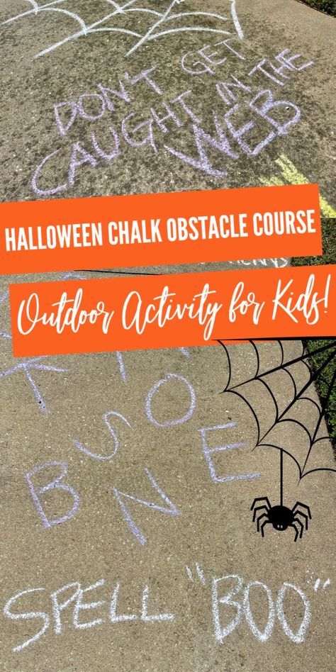 Kids' Halloween Chalk Obstacle Course Spooky Obstacle Course, Diy Backyard Obstacle Course For Kids, Outside Halloween Activities For Kids, Chalk Kids Activities, Halloween Learning Activities For Kids, Easy Obstacle Course For Kids Outdoor, Side Walk Chalk Obstacles, Halloween Chalk Obstacle Course, Fall Obstacle Course For Kids