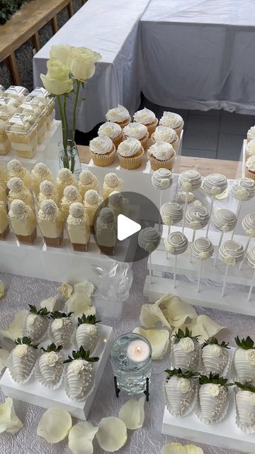 Pearl Dessert Table, Mini Dessert Table Display, White Party Dessert Table, Desert Table Setup Ideas, White Dessert Table Ideas, Bridal Dessert Table, Treat Table Set Up, All White Dessert Table, Table Dessert Ideas