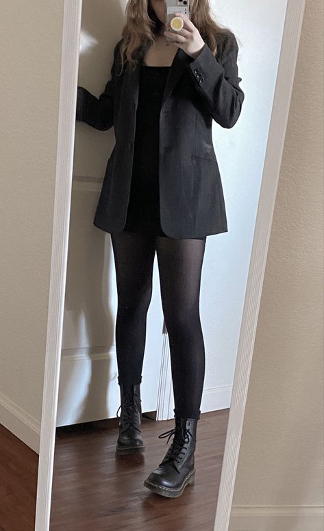 All Black Blazer And Skirt Outfit, Concert Orchestra Outfit, Black Dress With Black Blazer, Blazer Grunge Outfit, Band Concert Outfit School Formal, Orchestra Outfit Ideas, Outfits With A Black Blazer, Concert Black Outfit Orchestra Formal, Grunge Blazer Outfits