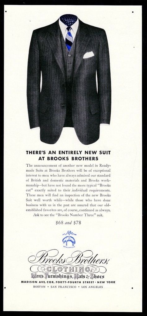 1941 Brooks Brothers man's classic pinstripe suit color photo vintage print ad | eBay Swaine Adeney Brigg, Sack Suit, 1950s Mens Fashion, Brooks Brother, 1950s Mens, Preppy Mens Fashion, Classic Clothing, Brooks Brothers Men, John Lobb