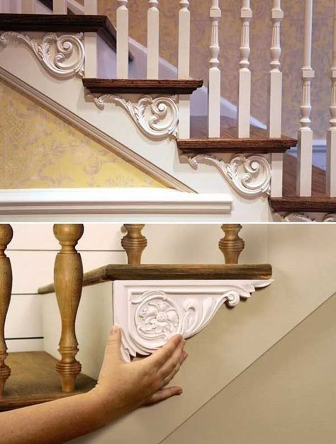 Stair Brackets, Film Decor, Diy Staircase, Farmhouse Side Table, Decorative Brackets, Cute Dorm Rooms, Baby Shower Decor, Farmhouse Living, Cheap Diy