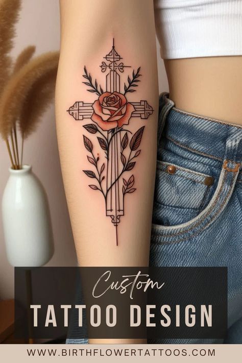 Minimal Watercolor Rose Flower and Cross Tattoo – June Birth Flower Design Feminine Christian Tattoos, Cross Rose Tattoo, Watercolor Rose Flower, Minimal Watercolor, June Birth Flower, Birth Flower Tattoos, Custom Tattoo Design, Cross Tattoo, Perfect Harmony