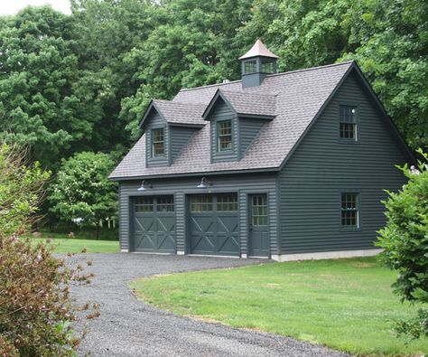 22' x 28' Elite Cape Garage with Painted Cedar Clapboard siding, 2 Gabled dormers, Custom Carriage style overhead doors with glass, Extra windows, Window upgrades, Cupola and Custom finishing by homeowner. Cedar Clapboard Siding, Gladiator Garage, Carriage House Garage, Garage Door Types, Clapboard Siding, Garage Door Makeover, Garage Remodel, Garage Door Design, Barn Garage