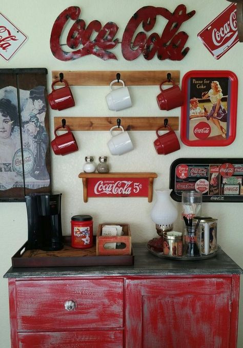 Coke Themed Kitchen, Coca Cola Kitchen Ideas, Dyi Coffee Bar, Coke Kitchen, Liquor Bouquet, Coca Cola Poster, Coca Cola Kitchen, Moms Kitchen, Ants In House