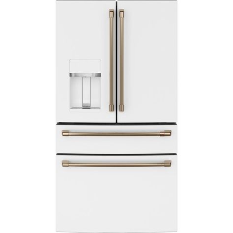 Cafe Appliances, 4 Door Refrigerator, White Refrigerator, Dispenser Design, Refrigerator Drawers, Counter Depth, Bottom Freezer, Brushed Bronze, French Door