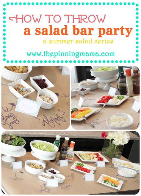 summer salad series, free labels, free place cards, salad bar party, salad ideas, summer salads, group parties Salad Bar Ideas Buffet Food Displays, Salad Bar Party, Salads Chicken, Salad Party, Creamy Balsamic Vinaigrette, Party Salad, The Pinning Mama, Paper Tablecloth, Bar Station